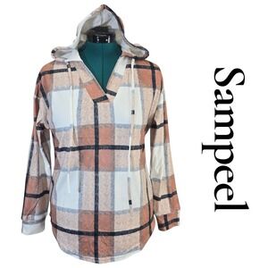 Sampeel Womens Plaid V-Neck Drawstring Hoodie Tan Cream Black Small 51250